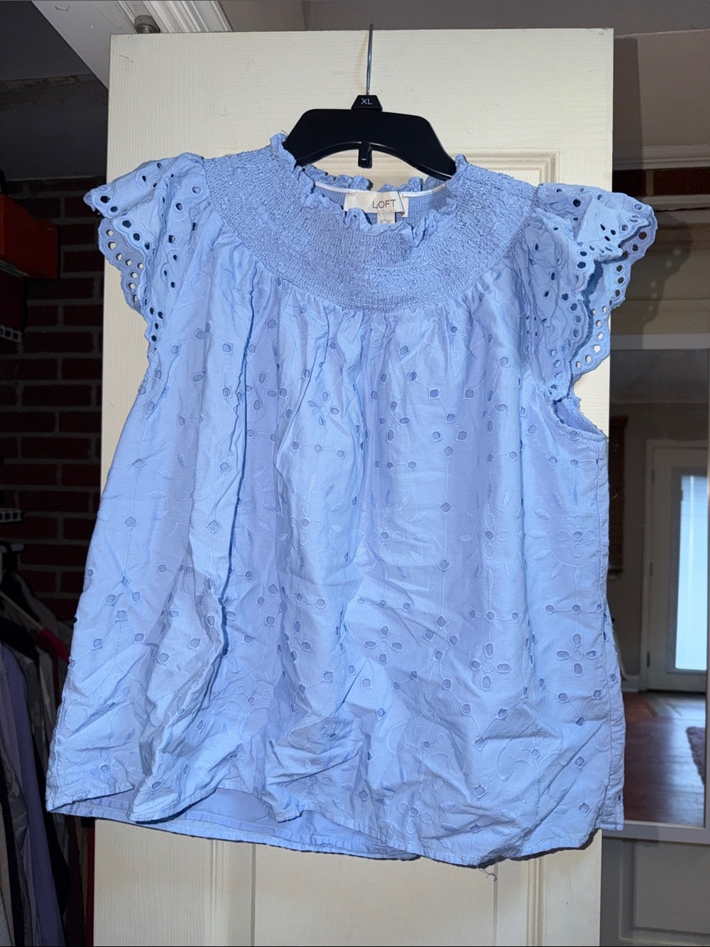 LOFT Light Blue Eyelet Smocked-Neck Blouse